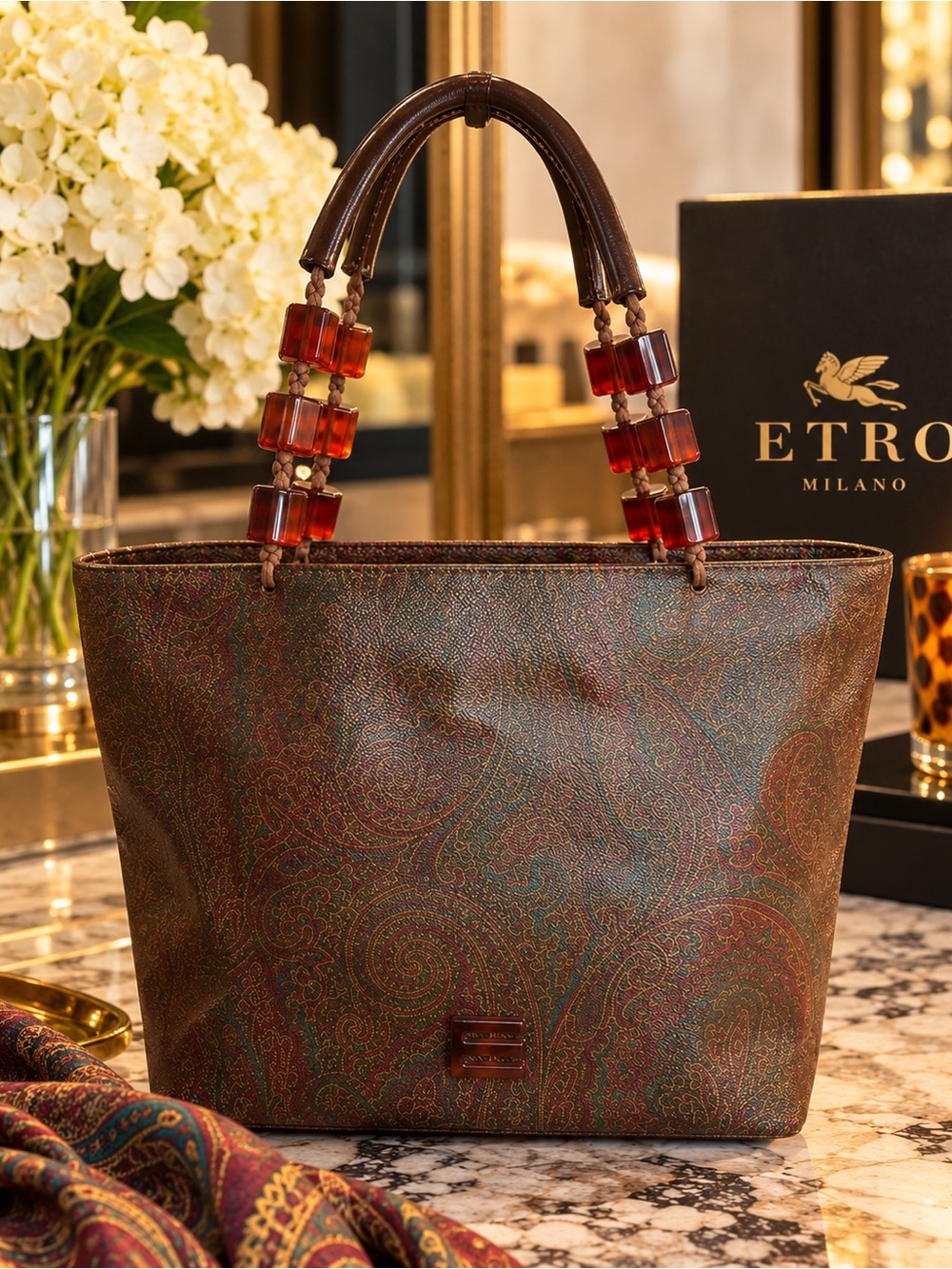 Etro Milano Rare Paisley Tote Amber Beaded Handle Brown Bag EUC